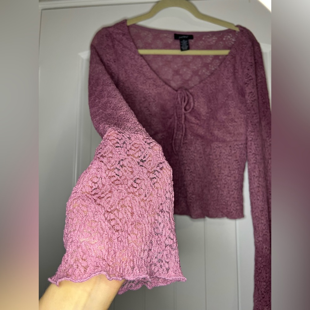 Y2K Sheer Lace Tie Front Top Pink Lettuce Hem Long Sleeve Boho Whimsygoth Fairy - Picture 4 of 6